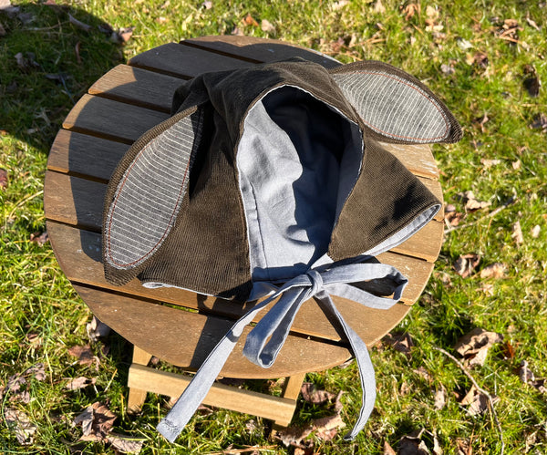 Brown & Grey Linen Stripes Floppy Bunny Bonnet - Size 2/3 Generous Fit - OOAK Cottagecore Easter Spring