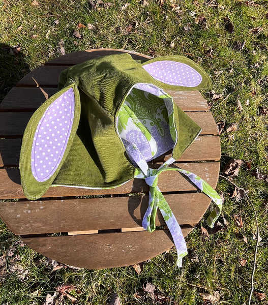 Moss Green & Lilac Floppy Bunny Bonnet - Size 6/12 Months Generous Fit - OOAK Cottagecore Easter Spring
